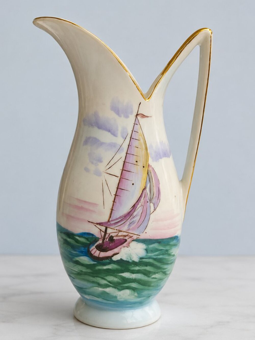 Vintage UCAGCO Japan Hand Painted Sailboat Ceramic Water Pitcher Vase 1950s